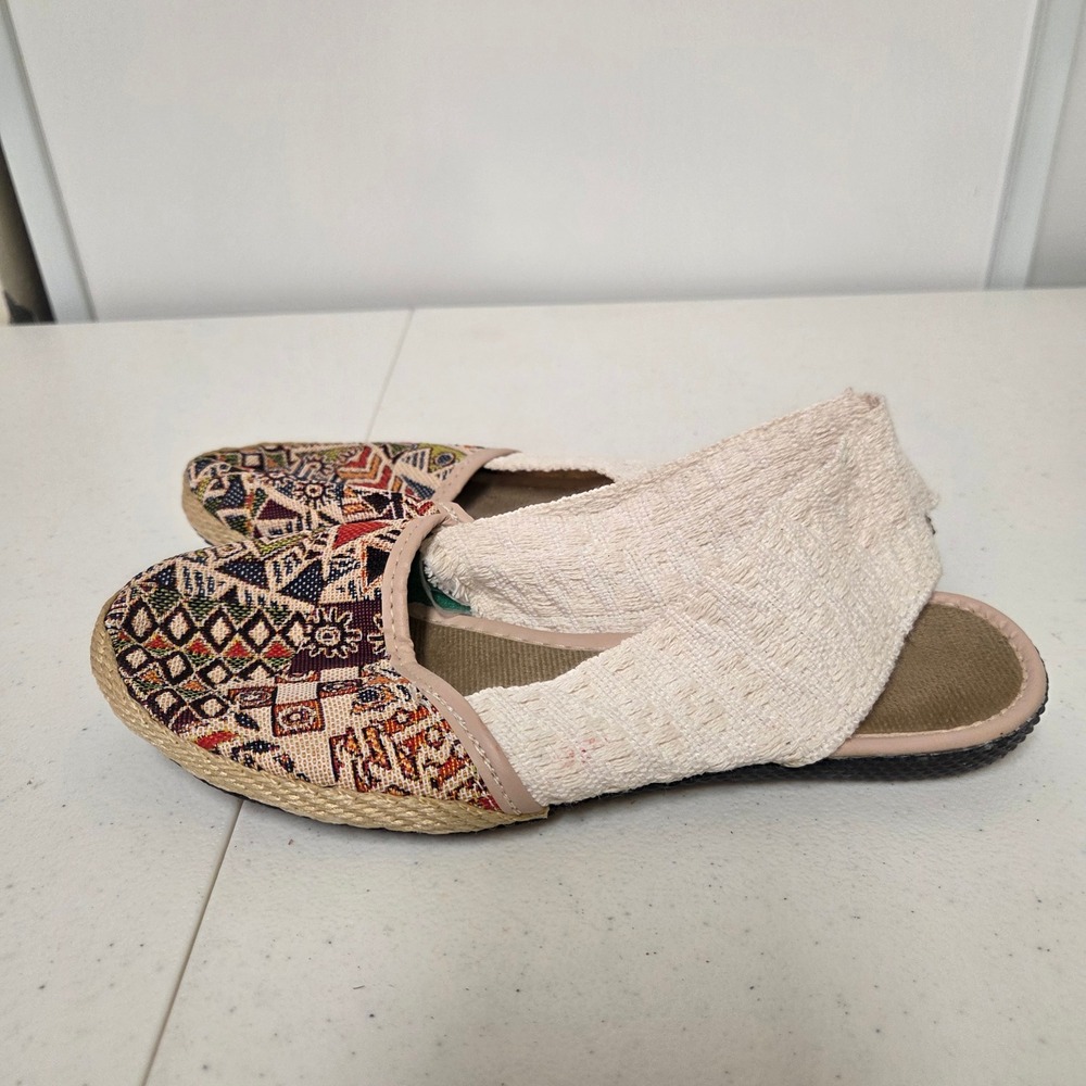 Bohemian Geometric Canvas Espadrille Slingback Flats EU 38 Multicolor Cream
